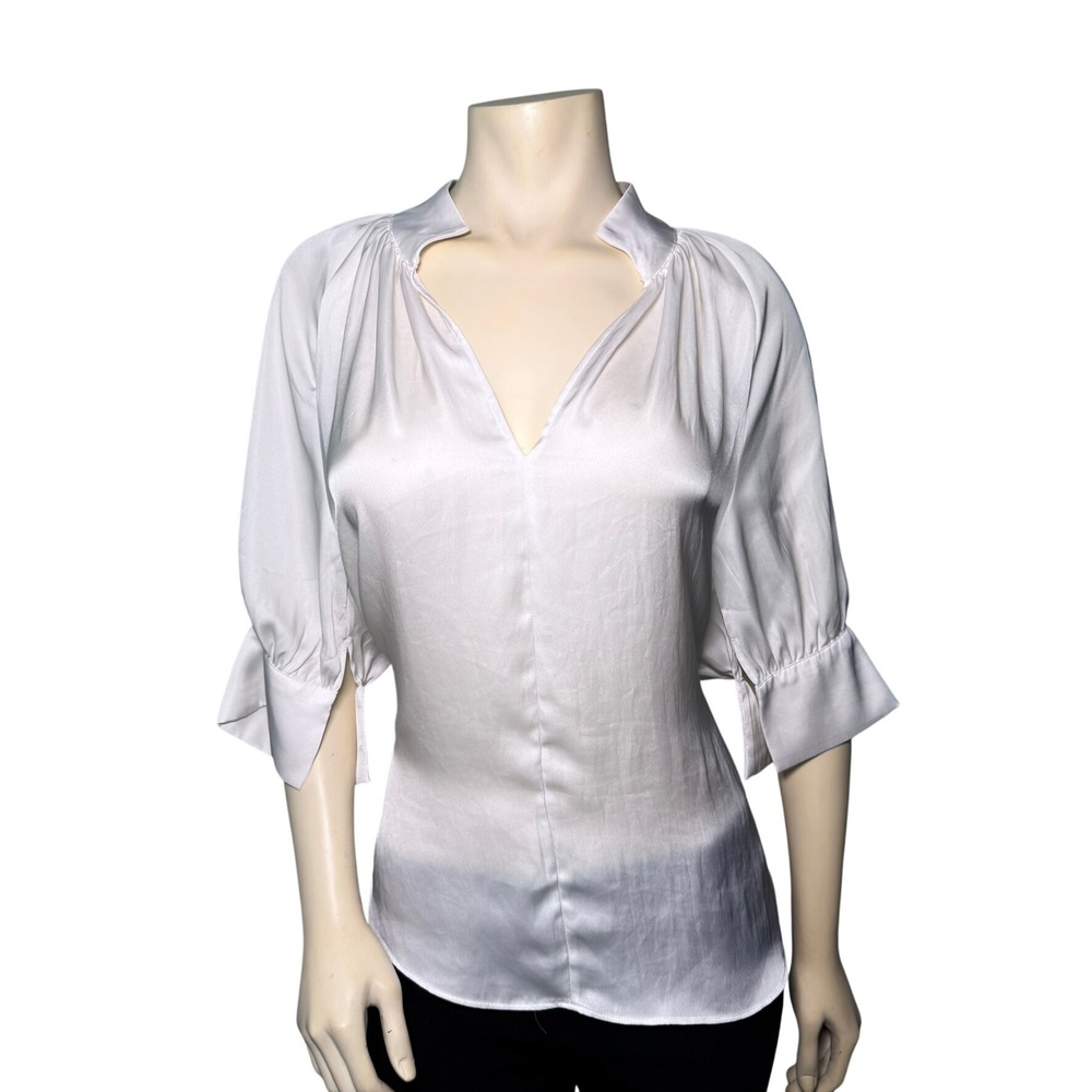 H&M Satin Blouse Womens Small Ivory Excellent 3/4 Puff Sleeve Notched V-Neck Top